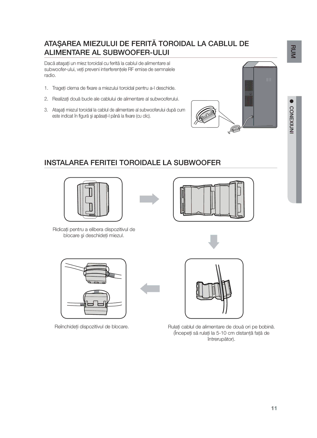 Samsung HW-F450/EN manual Instalarea Feritei Toroidale LA Subwoofer, Rulaţi cablul de alimentare de două ori pe bobină 