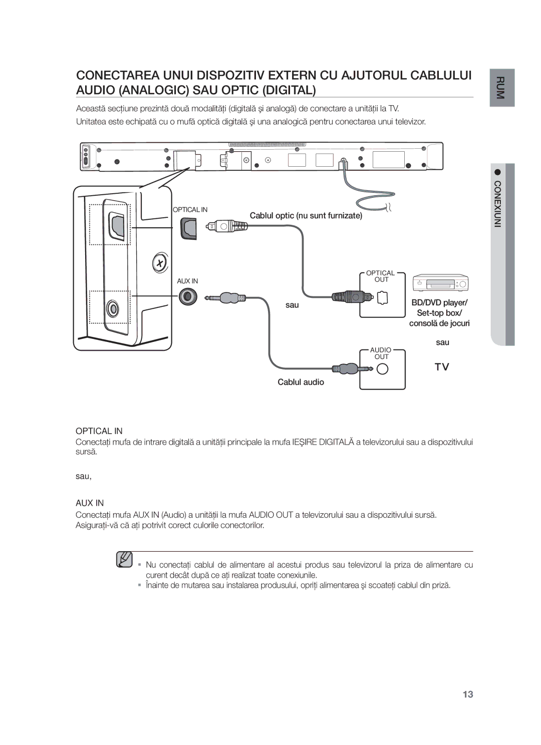 Samsung HW-F450/EN manual Cablul optic nu sunt furnizate, Sau 