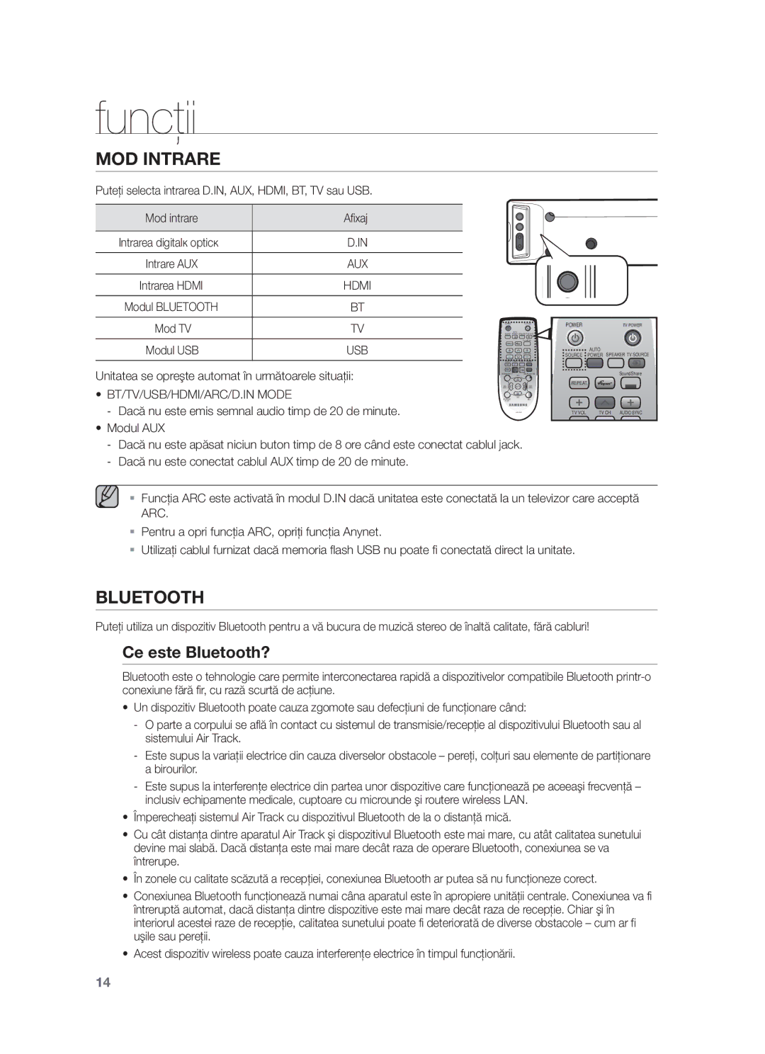 Samsung HW-F450/EN manual Funcţii, MOD Intrare, Ce este Bluetooth?, BT/TV/USB/HDMI/ARC/D.IN Mode 