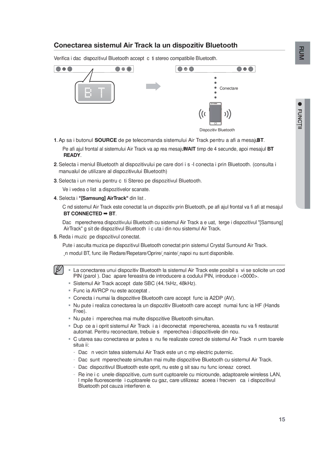 Samsung HW-F450/EN manual Conectarea sistemul Air Track la un dispozitiv Bluetooth, BT Connected BT 