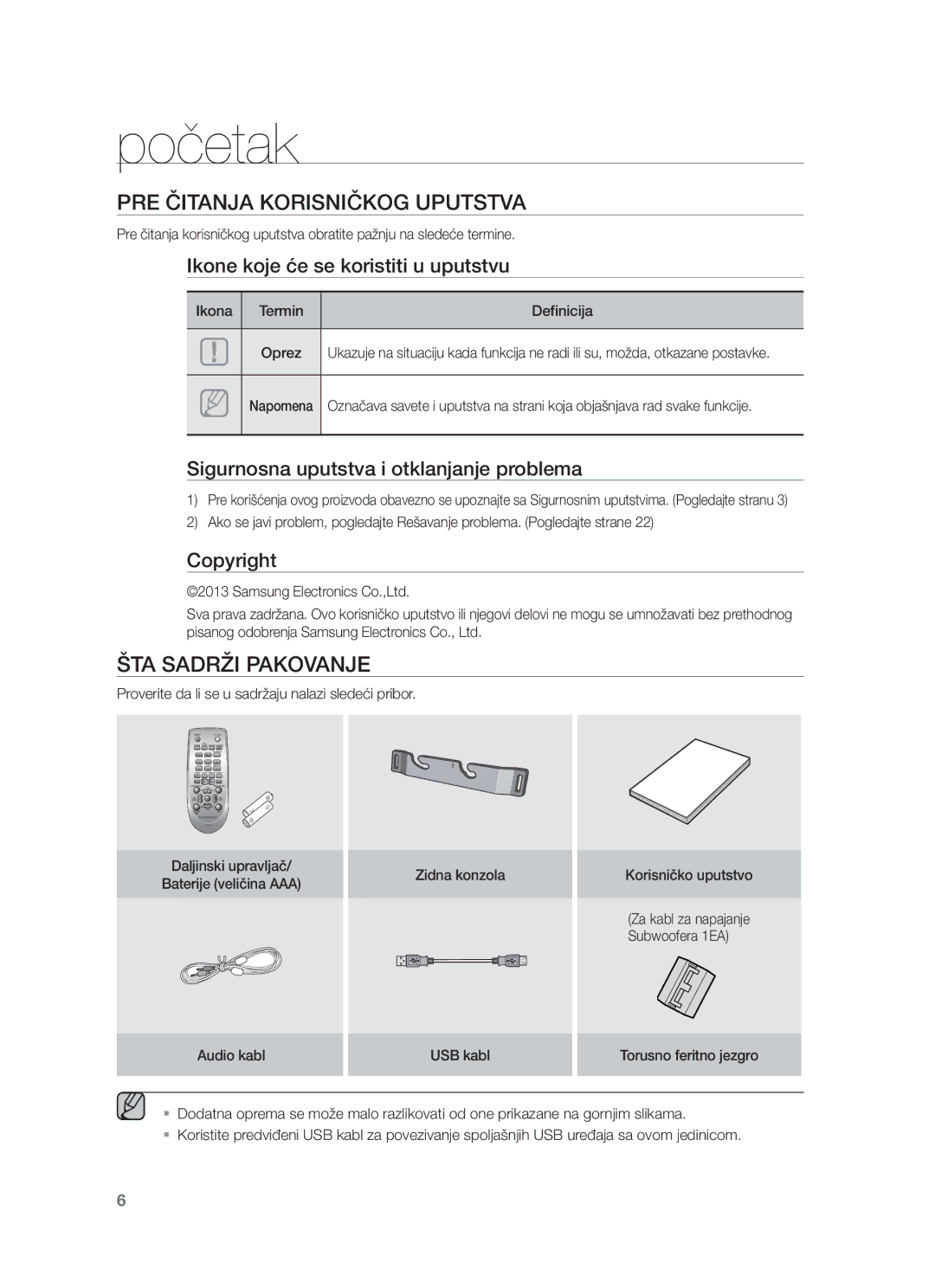 Samsung HW-F450/EN manual Početak, PRE Čitanja Korisničkog Uputstva, ŠTA Sadrži Pakovanje 