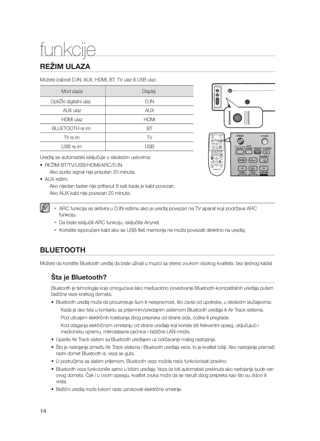 Samsung HW-F450/EN manual Funkcije, Režim Ulaza, Šta je Bluetooth?, Režim BT/TV/USB/HDMI/ARC/D.IN 