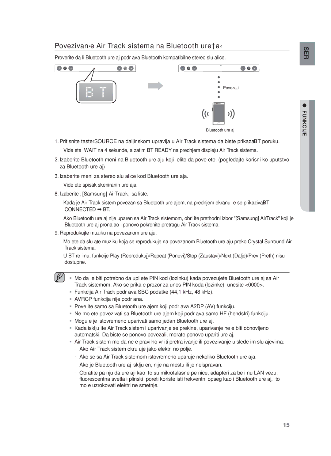 Samsung HW-F450/EN manual Povezivanje Air Track sistema na Bluetooth uređaj, Funkcije 