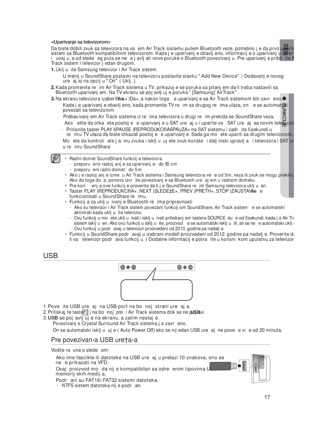 Samsung HW-F450/EN manual Pre povezivanja USB uređaja, Uparivanje sa televizorom 