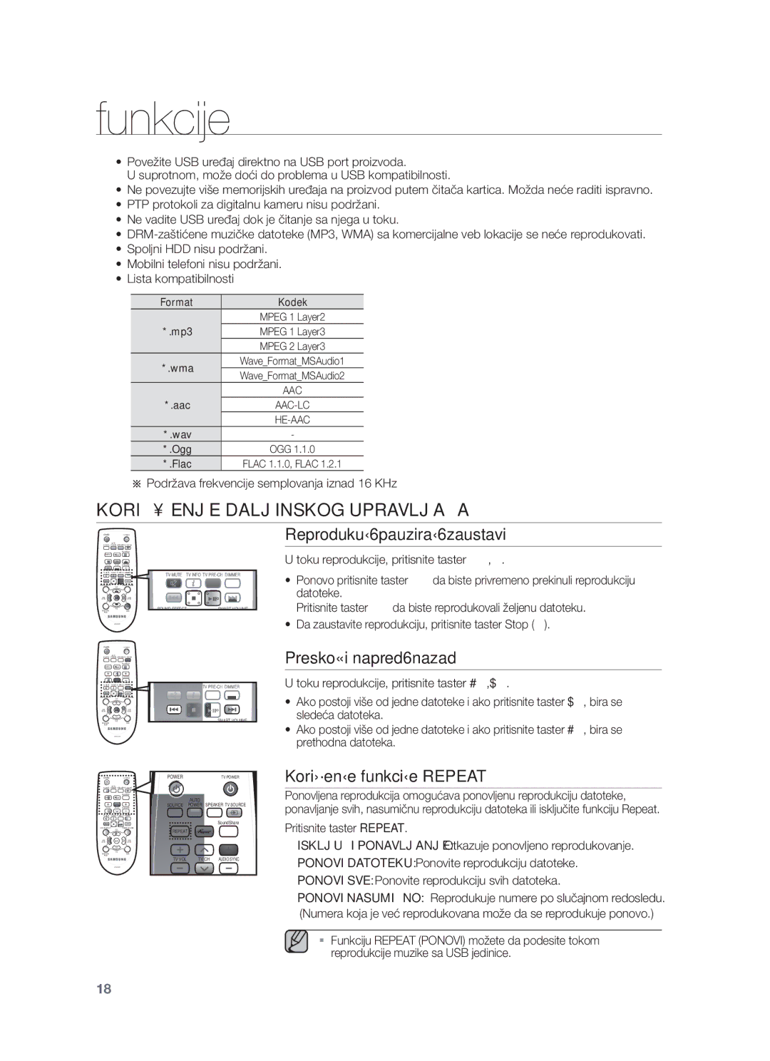 Samsung HW-F450/EN manual Korišćenje Daljinskog Upravljača, Reprodukuj/pauziraj/zaustavi, Preskoči napred/nazad 