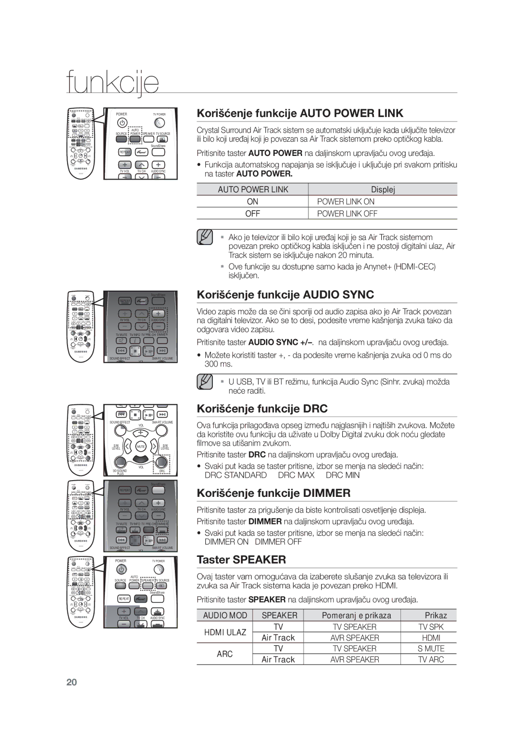 Samsung HW-F450/EN manual Korišćenje funkcije Auto Power Link, Korišćenje funkcije Audio Sync, Korišćenje funkcije DRC 