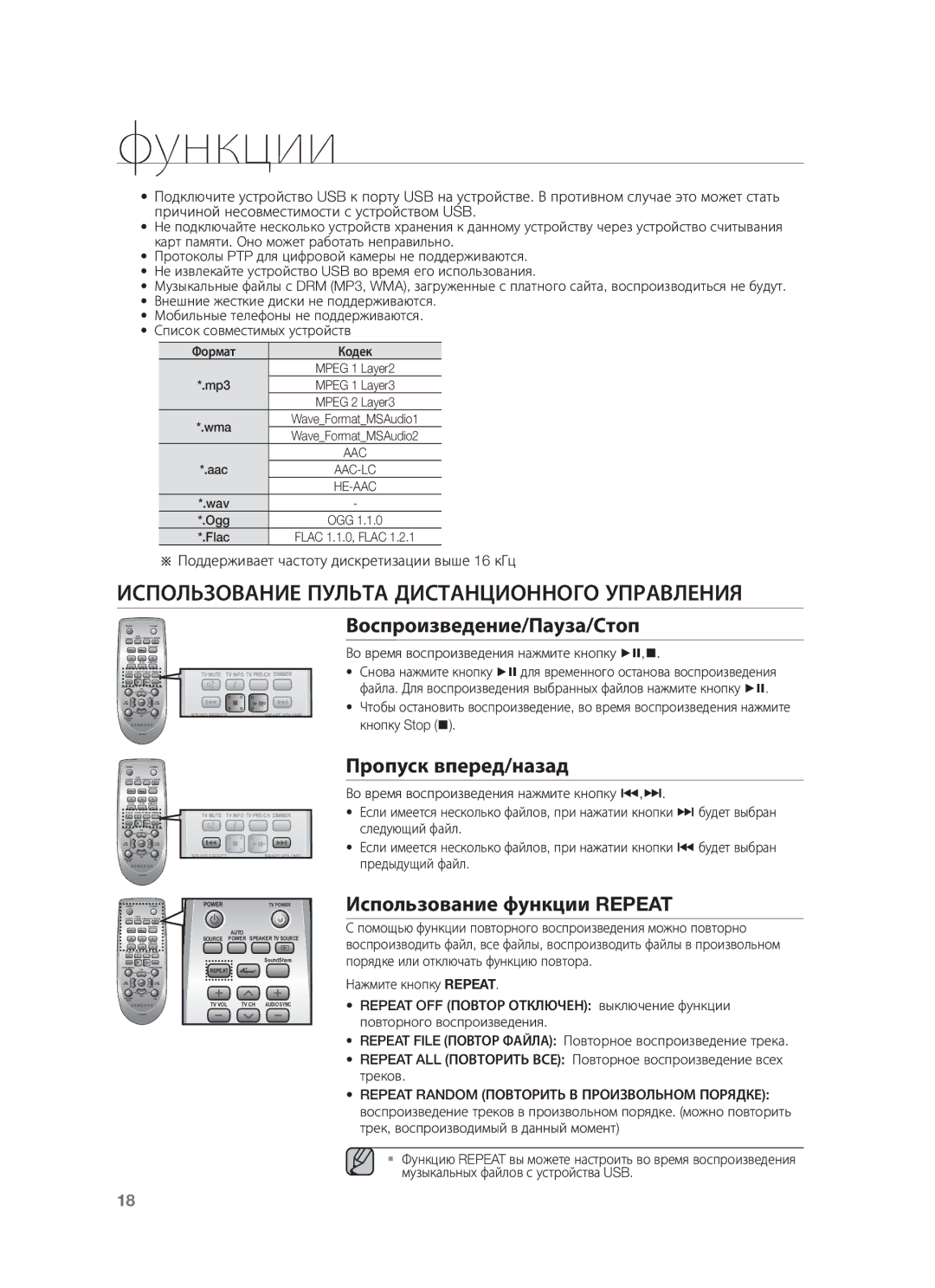 Samsung HW-F450/RU manual Использование Пульта Дистанционного Управления, Воспроизведение/Пауза/Стоп, Пропуск вперед/назад 