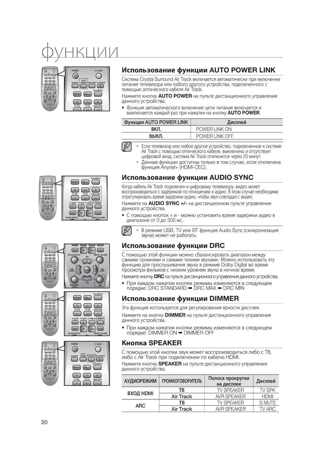 Samsung HW-F450/RU Использование функции Auto Power Link, Использование функции Audio Sync, Использование функции DRC 