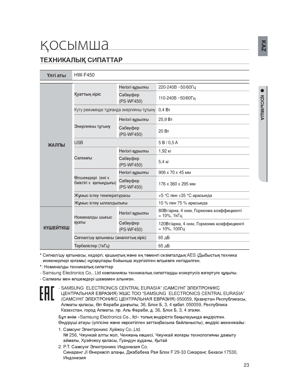 Samsung HW-F450/RU manual Қосымша, ɌȿɏɇИКȺЛЫҚ ɋИПȺɌɌȺɊ, ҚɈɋЫɆШȺ, PS-WF450, Usb 