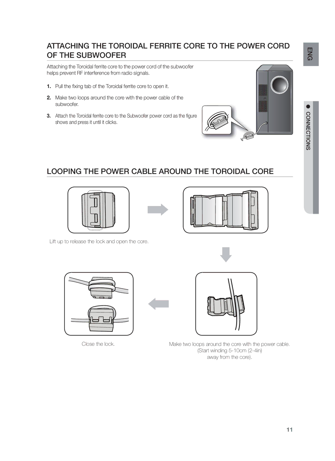 Samsung HW-F450/SQ manual Looping the Power Cable around the Toroidal Core, Lift up to release the lock and open the core 