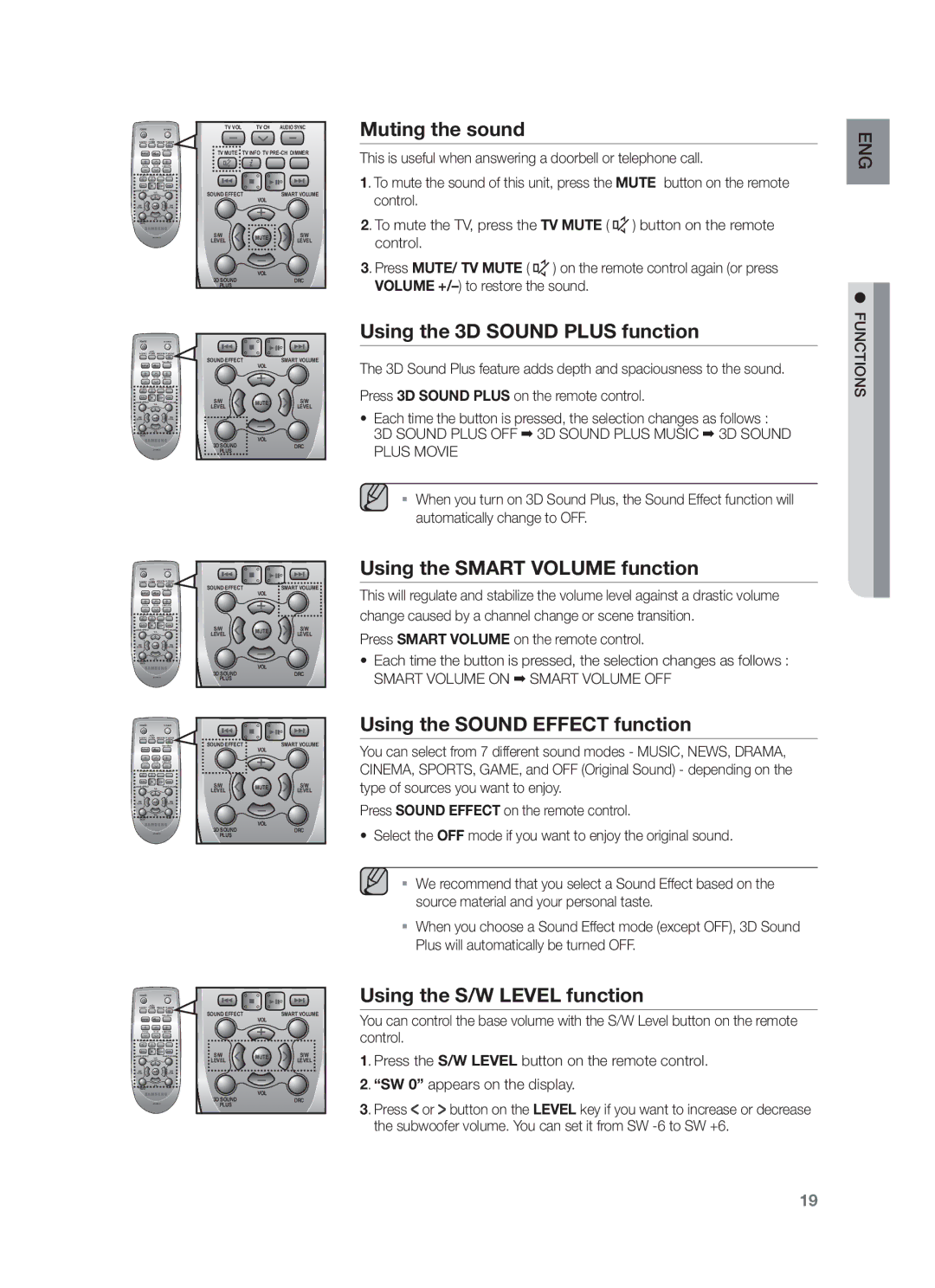 Samsung HW-F450/SQ manual Muting the sound, Using the 3D Sound Plus function, Using the Smart Volume function 