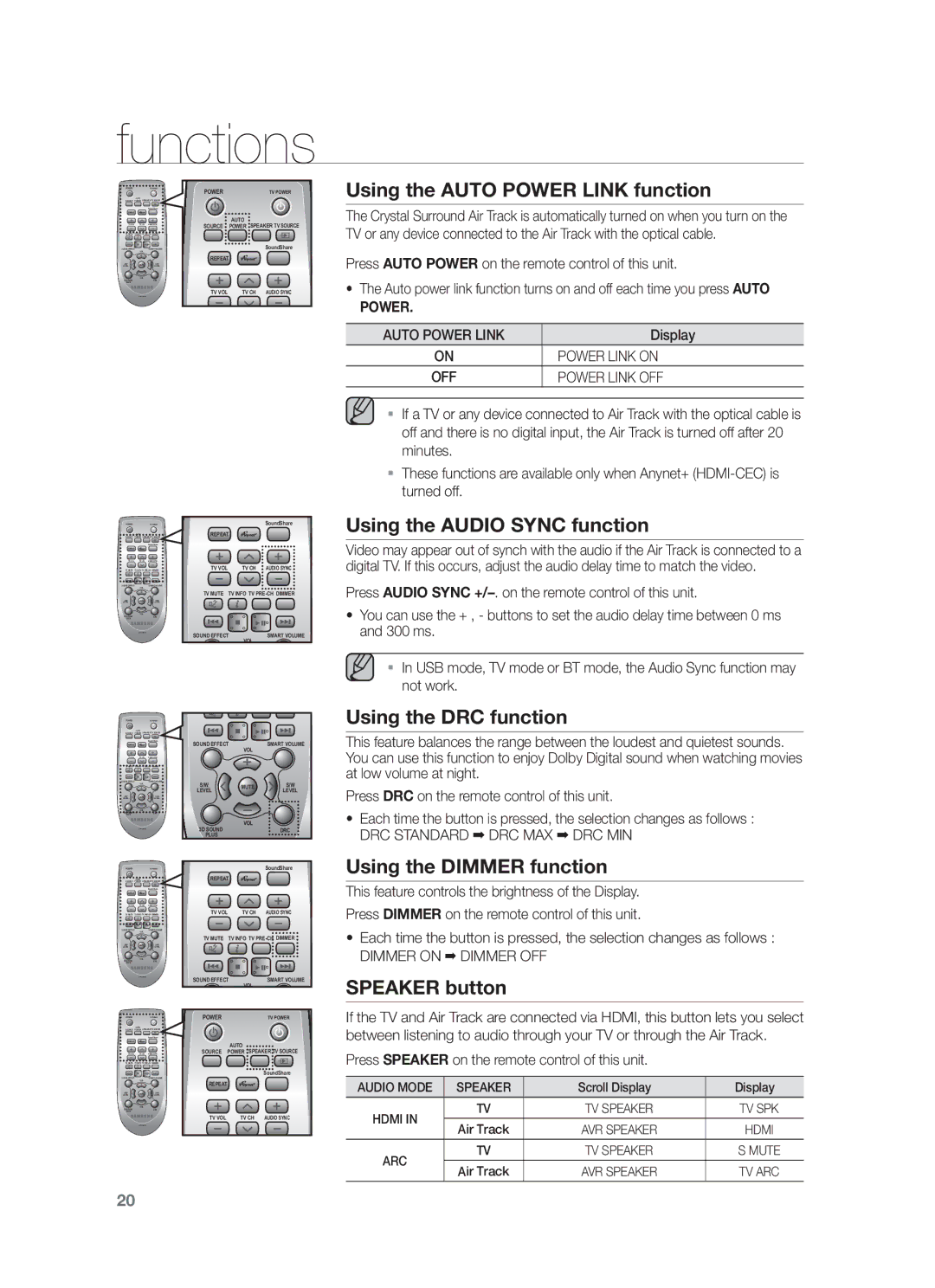 Samsung HW-F450/SQ manual Using the Auto Power Link function, Using the Audio Sync function, Using the DRC function 