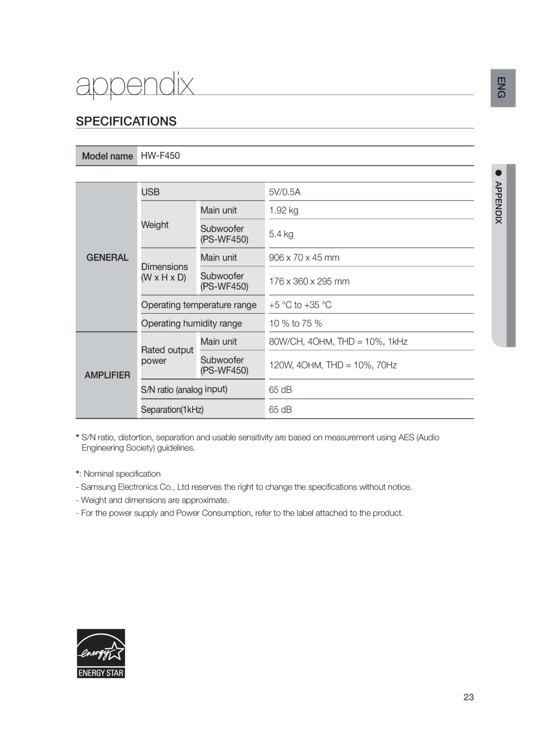 Samsung HW-F450/SQ manual Appendix, Specifications 