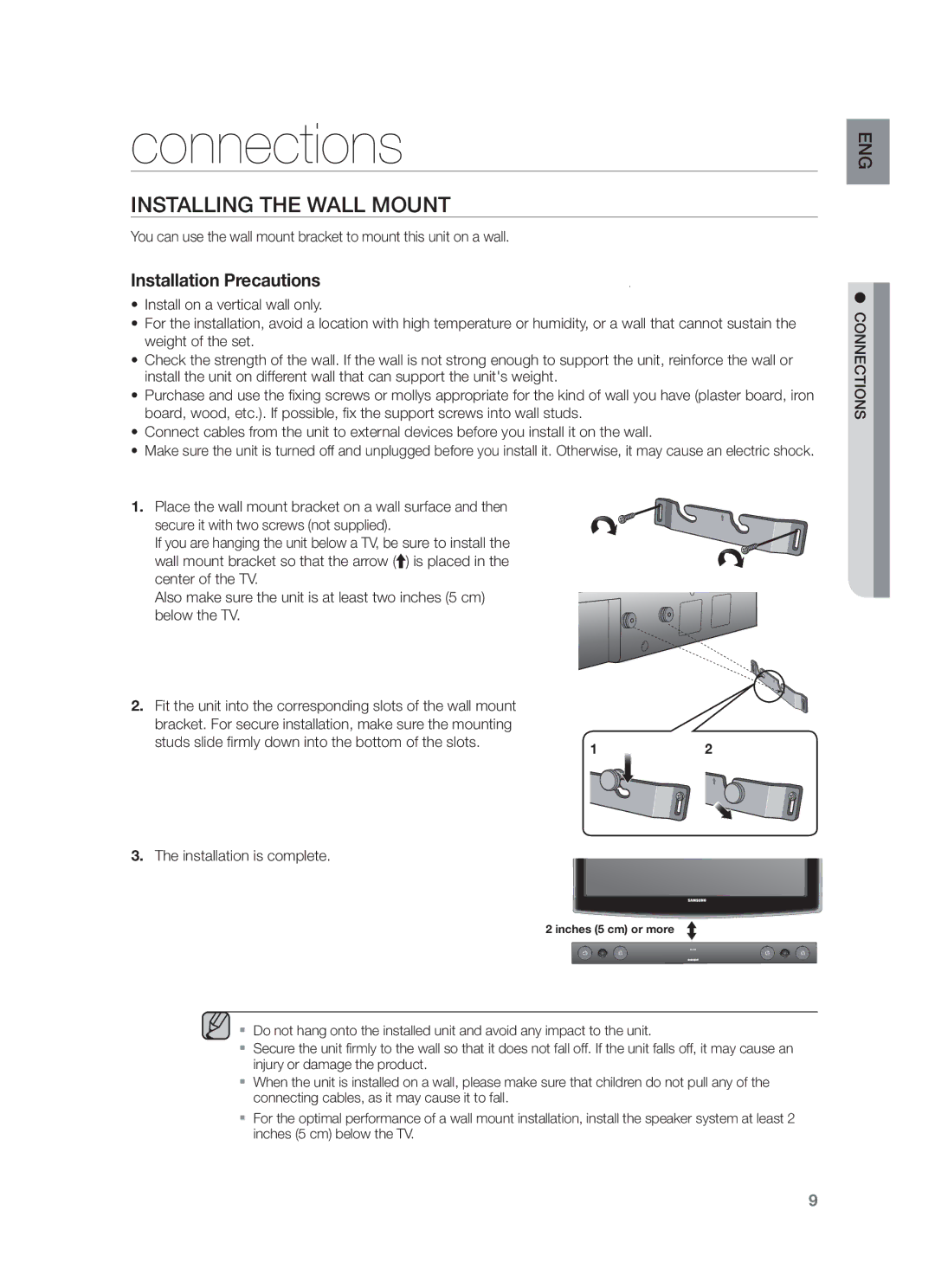 Samsung HW-F450/SQ manual Connections, Installing the Wall Mount, Installation is complete 