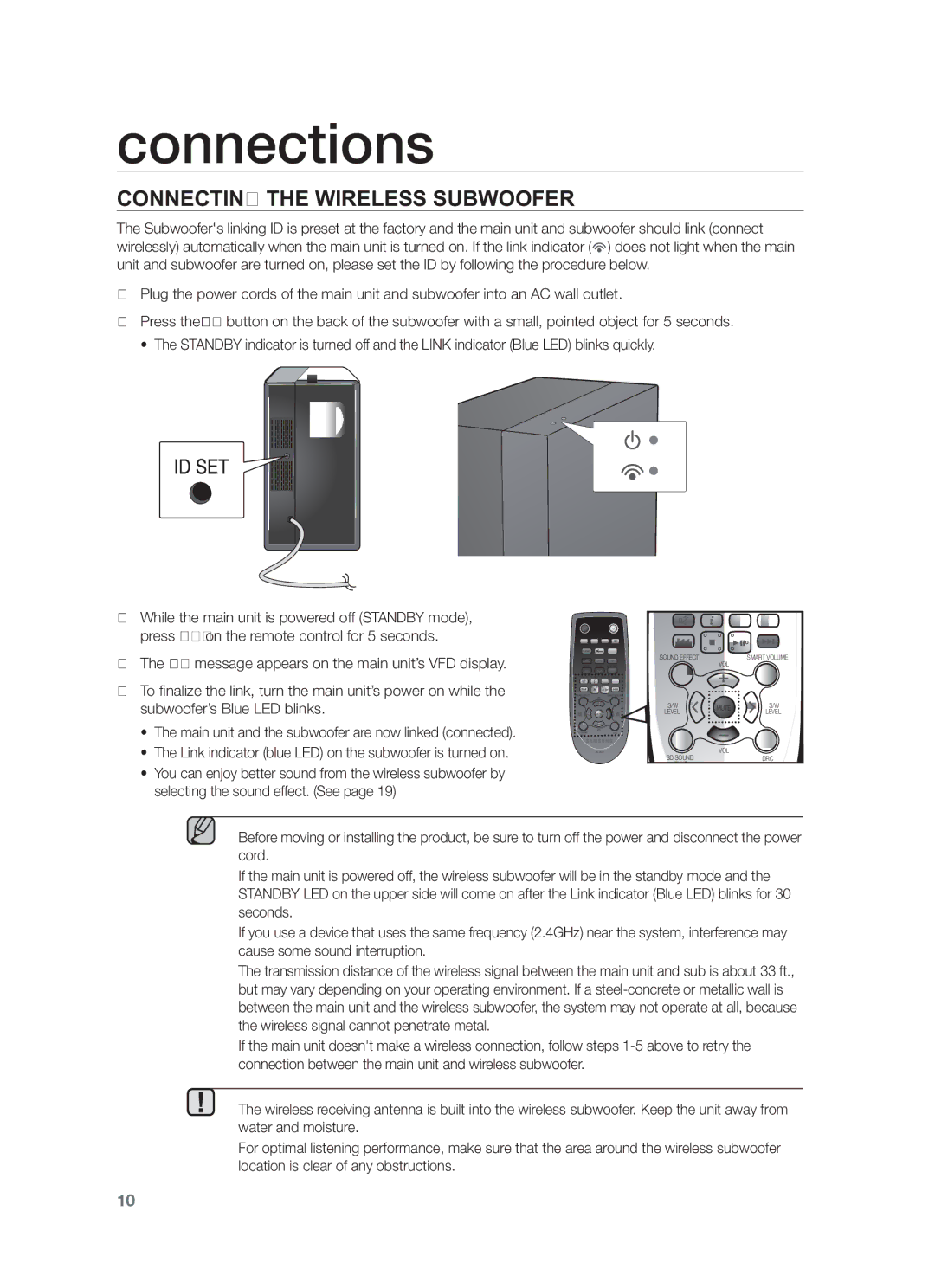 Samsung HW-F450/TK, HW-F450/XN, HW-F450/EN, HW-F450/ZF, HW-F450/XE manual Connecting the Wireless Subwoofer 