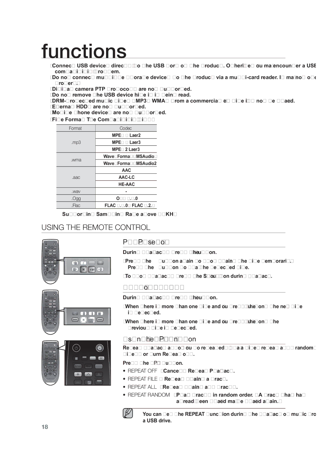 Samsung HW-F450/ZF, HW-F450/TK Using the Remote Control, Play/Pause/Stop, Skip Forward/Back, Using the Repeat function 