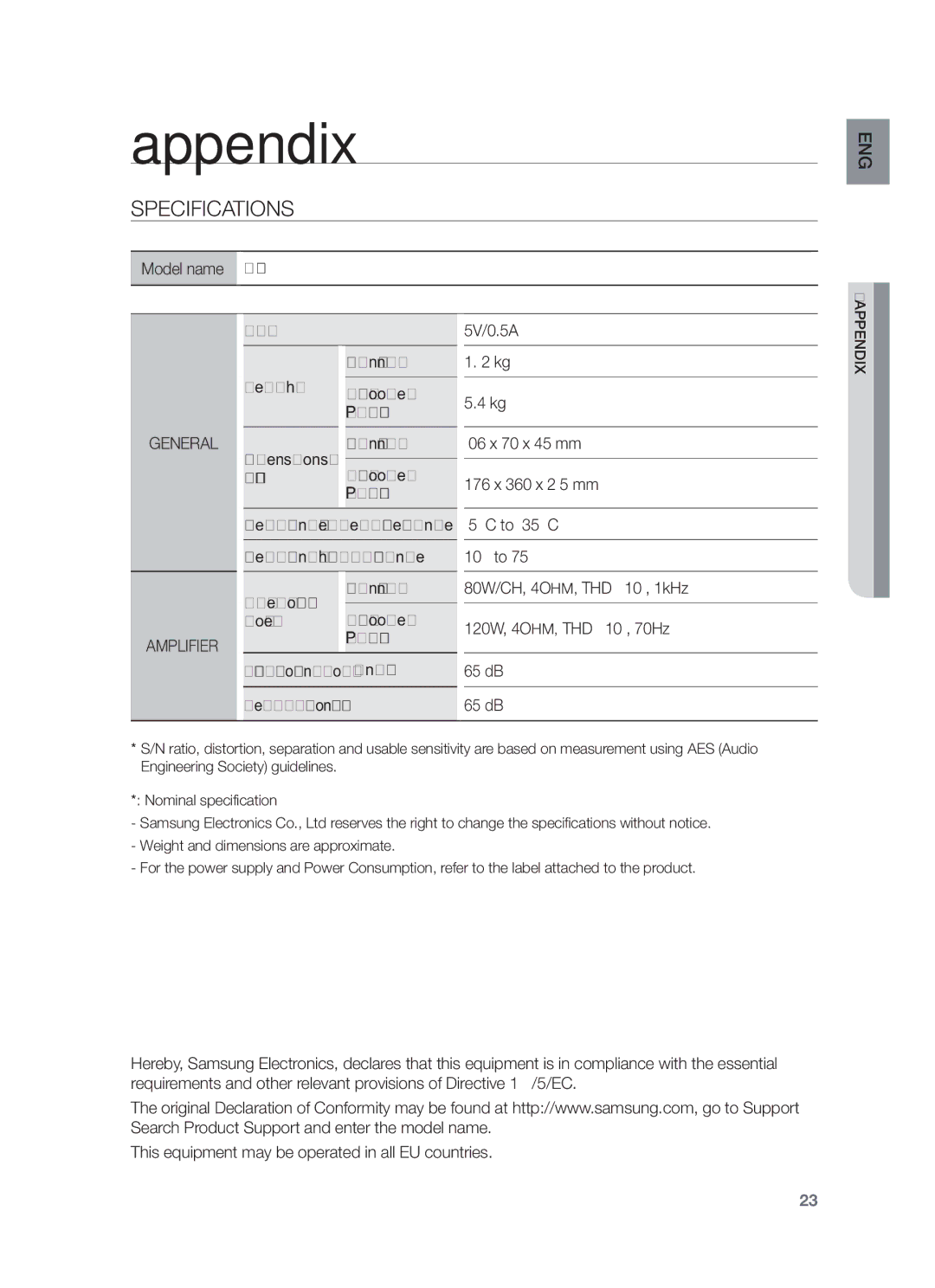 Samsung HW-F450/ZF, HW-F450/TK, HW-F450/XN, HW-F450/EN, HW-F450/XE manual Appendix, Specifications 