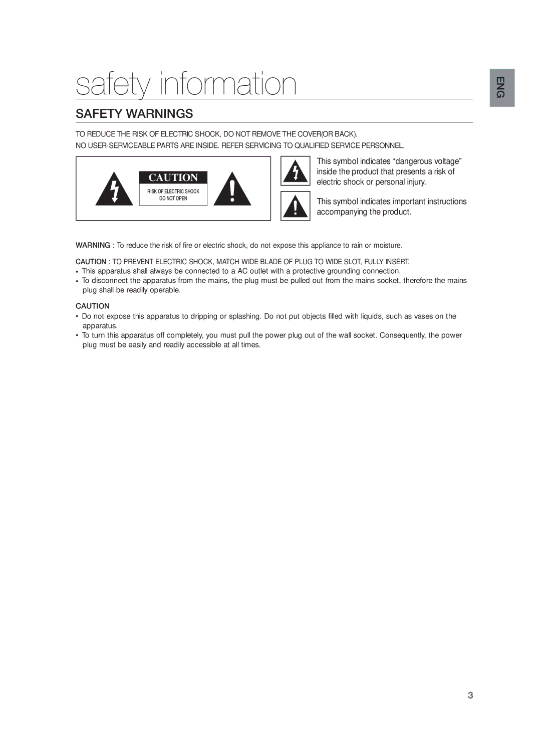 Samsung HW-F450/ZF manual Safety information, Safety Warnings, Electric shock or personal injury, Accompanying the product 