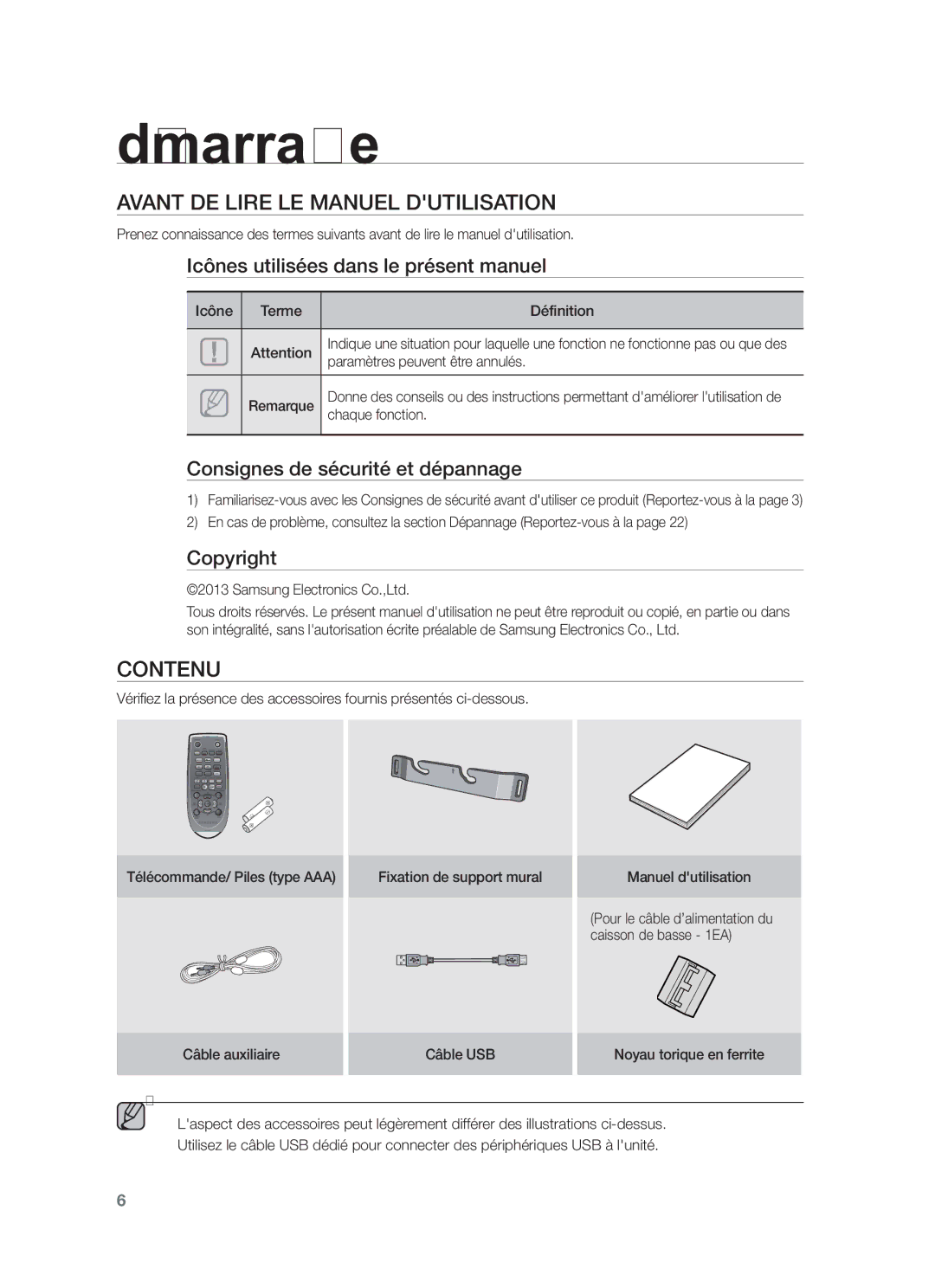 Samsung HW-F450/TK, HW-F450/XN, HW-F450/EN, HW-F450/ZF, HW-F450/XE Démarrage, Avant DE Lire LE Manuel Dutilisation, Contenu 