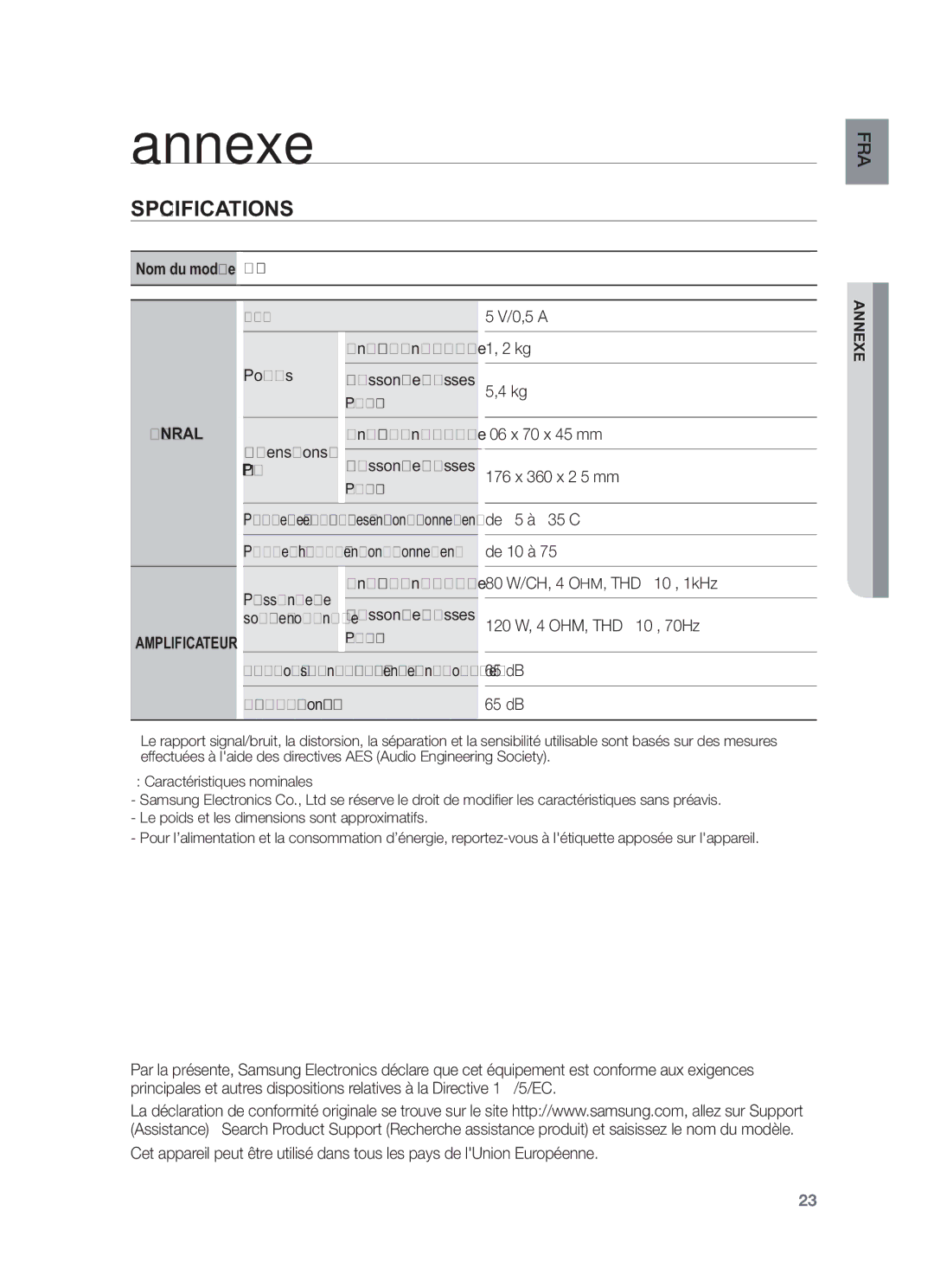 Samsung HW-F450/EN, HW-F450/TK, HW-F450/XN, HW-F450/ZF, HW-F450/XE manual Annexe, Spécifications, Caisson de basses PS-WF450 