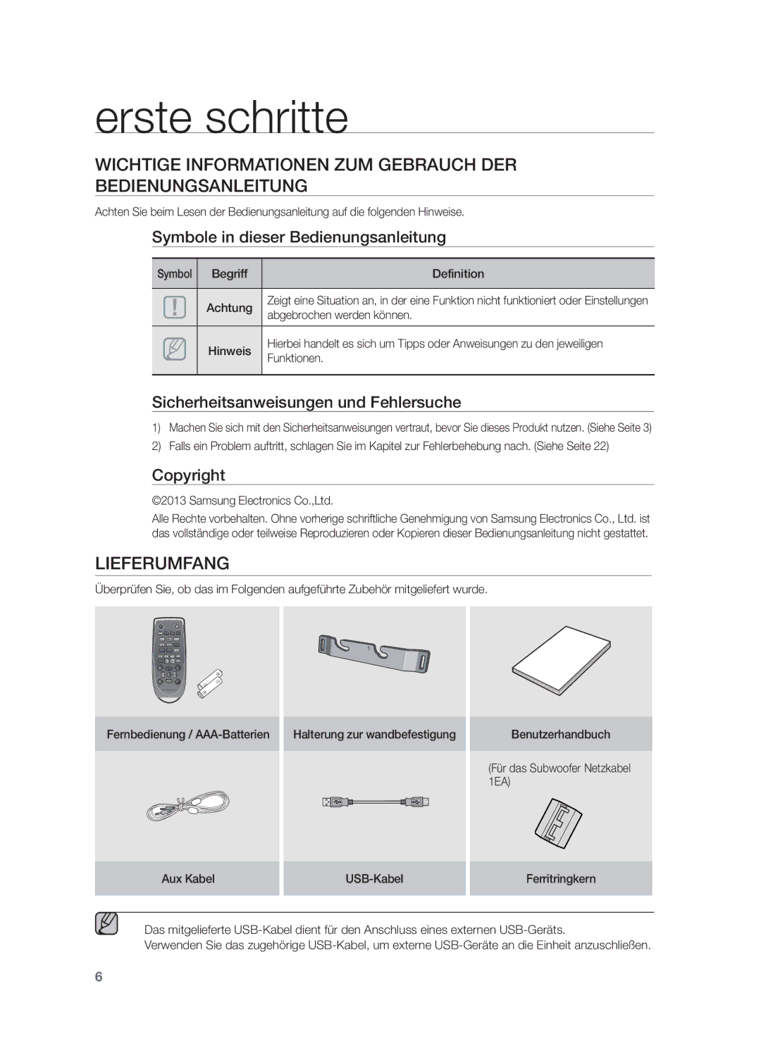 Samsung HW-F450/XE, HW-F450/TK Erste schritte, Wichtige Informationen ZUM Gebrauch DER Bedienungsanleitung, Lieferumfang 