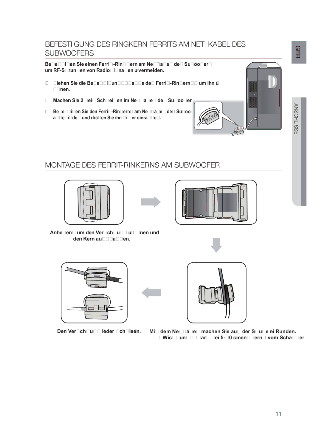 Samsung HW-F450/XE manual Montage DES FERRIT-RINKERNS AM Subwoofer, Mit dem Netzkabel machen Sie auf der Spule zwei Runden 