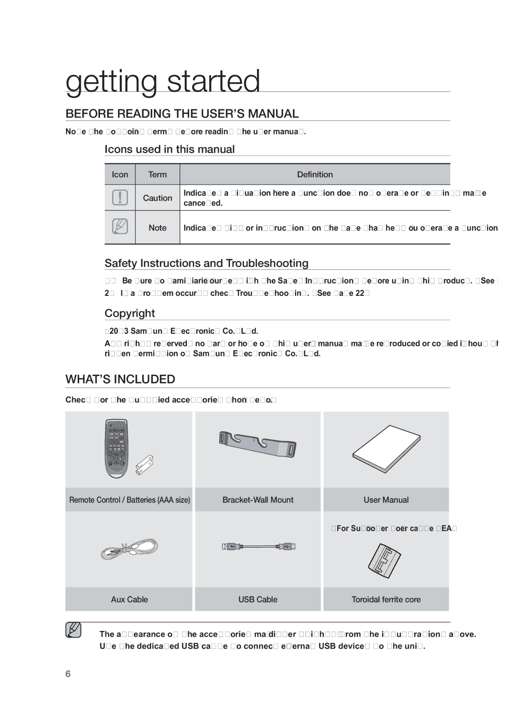 Samsung HW-F450/XN, HW-F450/TK, HW-F450/EN, HW-F450/ZF Getting started, Before Reading the USER’S Manual, WHAT’S Included 