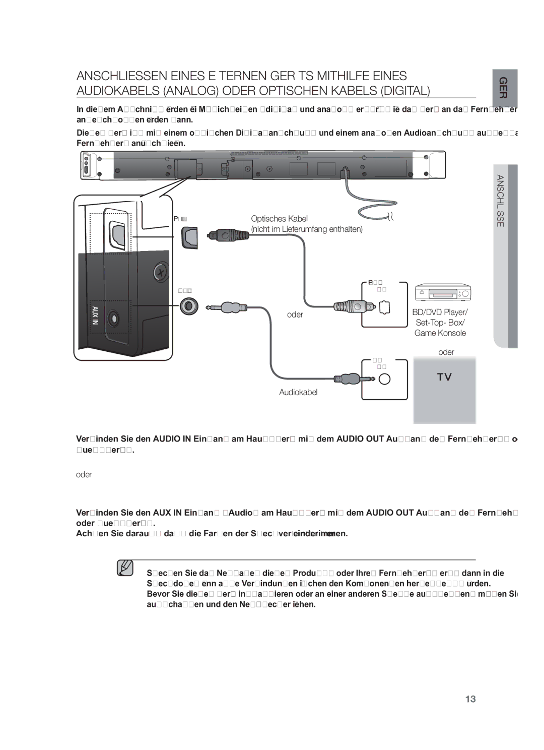 Samsung HW-F450/XN manual Optisches Kabel Nicht im Lieferumfang enthalten, Oder, Audiokabel, Set-Top- Box, Game Konsole 