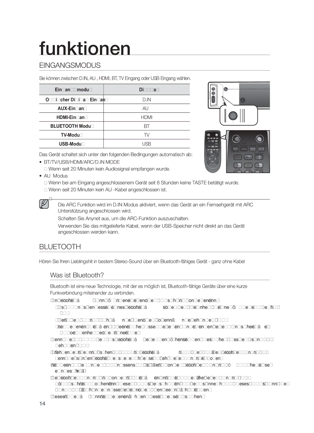 Samsung HW-F450/EN, HW-F450/TK manual Funktionen, Was ist Bluetooth?, Eingangsmodus Display, AUX-Eingang, TV-Modus USB-Modus 