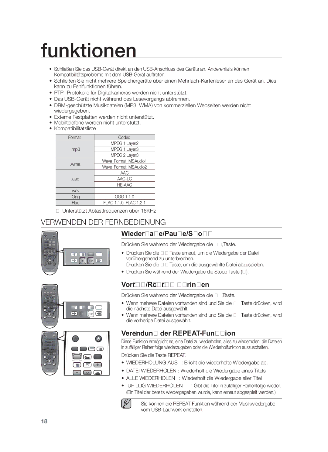 Samsung HW-F450/XN, HW-F450/TK, HW-F450/EN Verwenden DER Fernbedienung, Wiedergabe/Pause/Stopp, Vorwärts/Rückwärts springen 