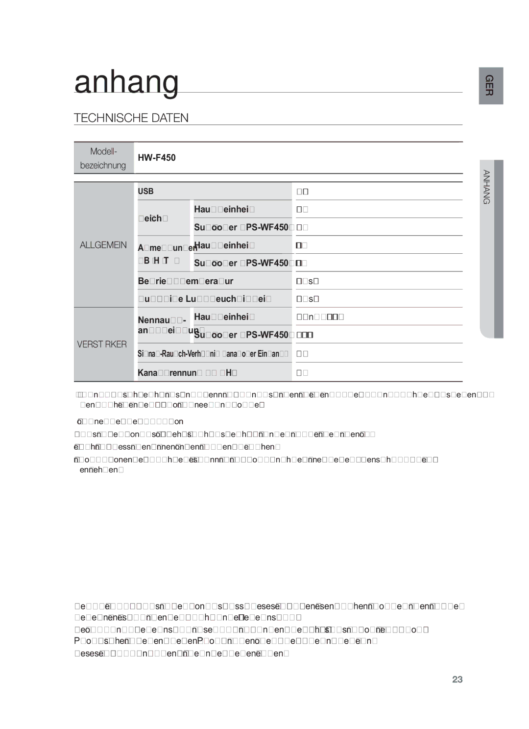 Samsung HW-F450/XN, HW-F450/TK, HW-F450/EN Anhang, Technische Daten, Abmessungen, Signal-Rausch-Verhältnis analoger Eingang 