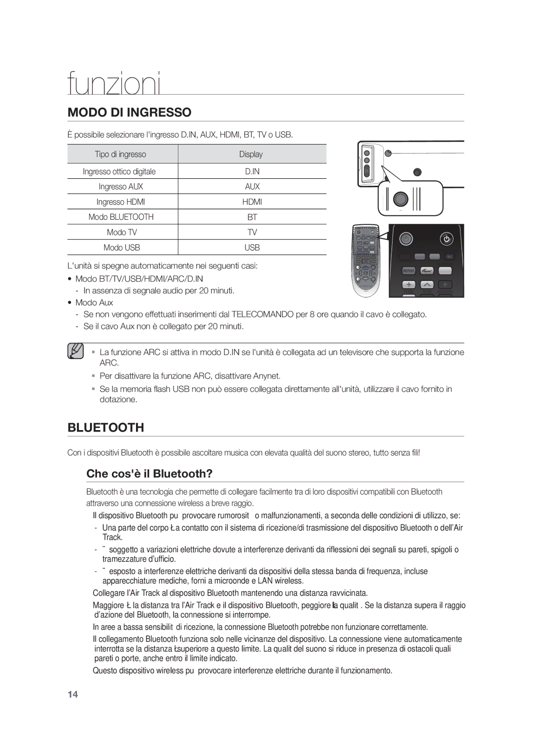 Samsung HW-F450/XN manual Funzioni, Che cosè il Bluetooth?, Se il cavo Aux non è collegato per 20 minuti, Modo TV Modo USB 