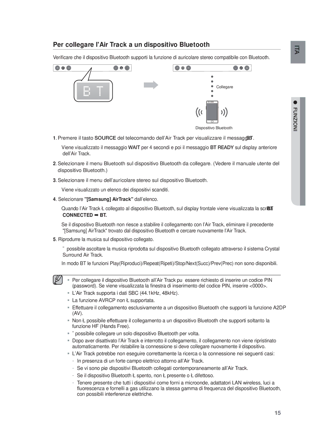 Samsung HW-F450/EN, HW-F450/TK, HW-F450/XN, HW-F450/ZF manual Per collegare lAir Track a un dispositivo Bluetooth, Funzioni 