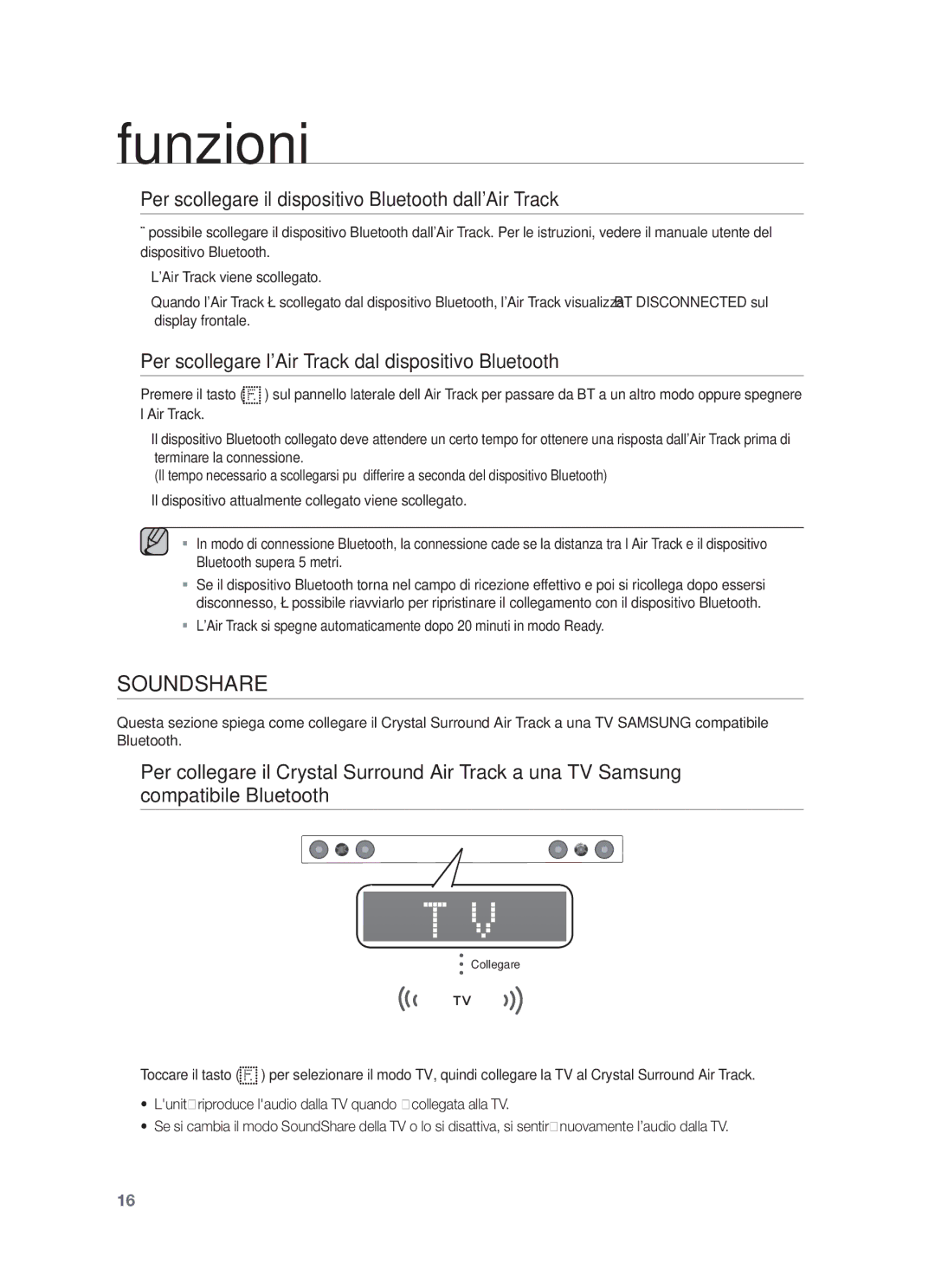 Samsung HW-F450/ZF, HW-F450/TK, HW-F450/XN, HW-F450/EN, HW-F450/XE manual Per scollegare il dispositivo Bluetooth dallAir Track 