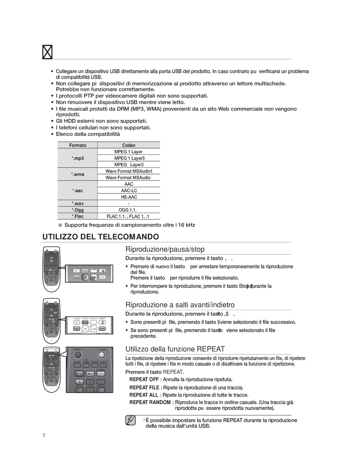 Samsung HW-F450/TK, HW-F450/XN Utilizzo DEL Telecomando, Riproduzione/pausa/stop, Riproduzione a salti avanti/indietro 