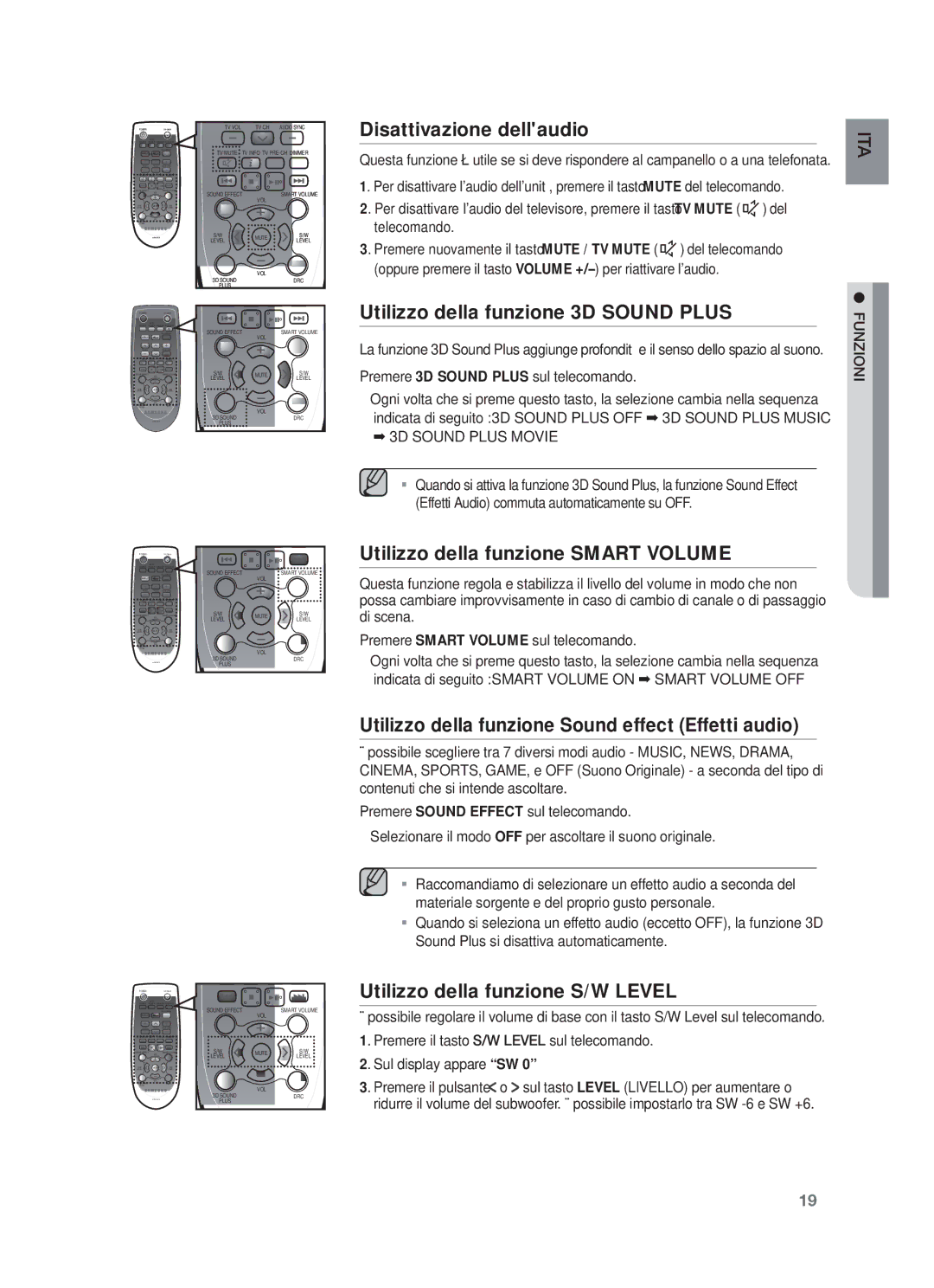 Samsung HW-F450/XN Disattivazione dellaudio, Utilizzo della funzione 3D Sound Plus, Utilizzo della funzione Smart Volume 