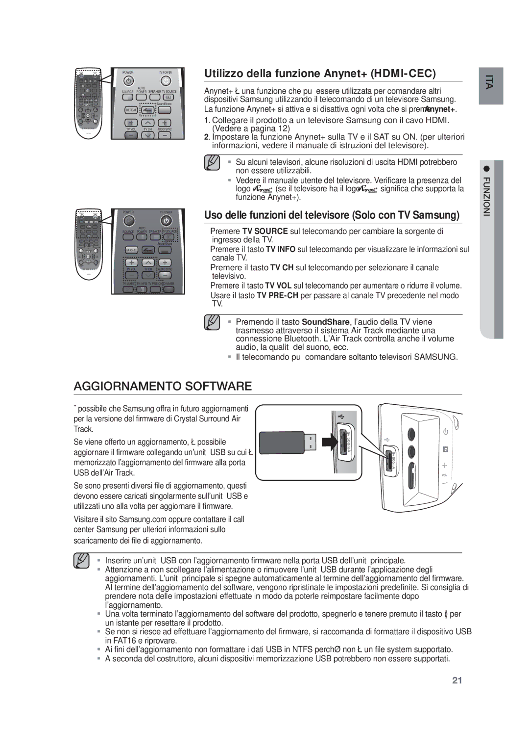 Samsung HW-F450/ZF, HW-F450/TK manual Aggiornamento Software, Utilizzo della funzione Anynet+ HDMI-CEC, USB dellAir Track 