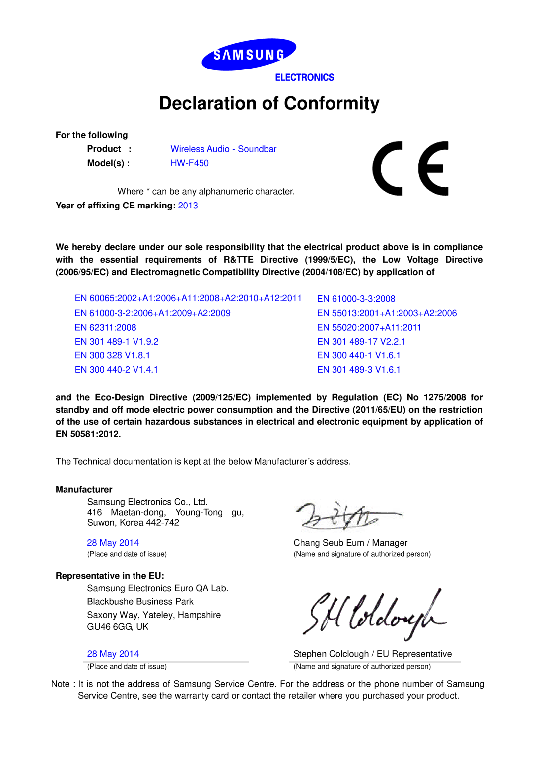 Samsung HW-F450/XN, HW-F450/TK manual Declaration of Conformity, For the following, Models HW-F450, Manufacturer 