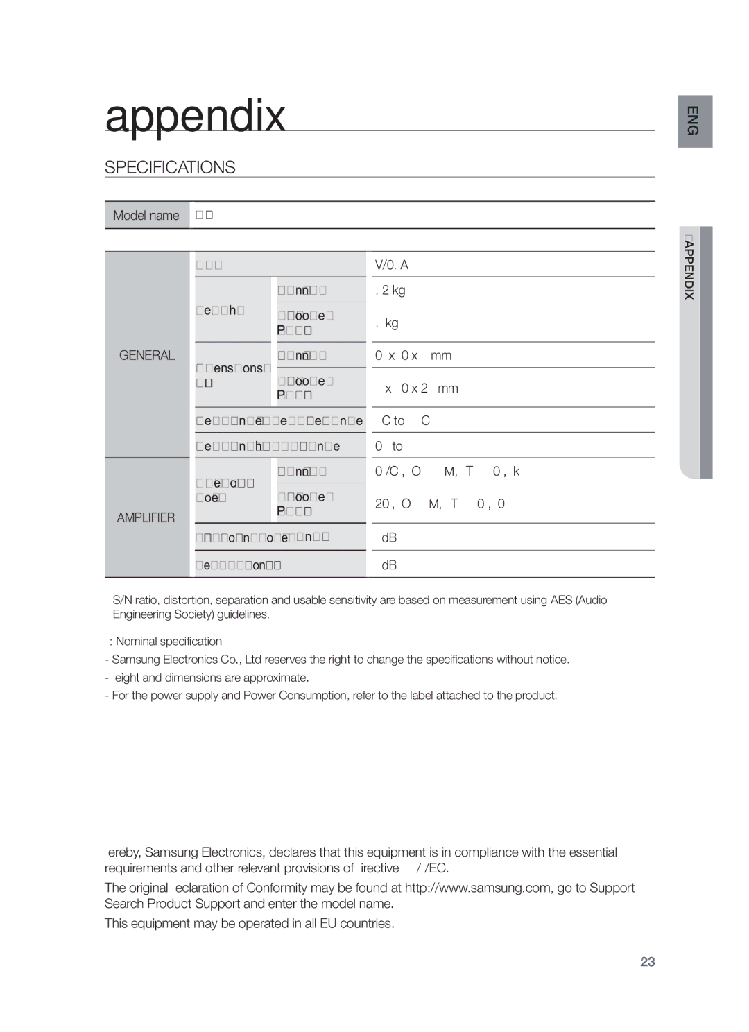 Samsung HW-F450/ZF, HW-F450/TK, HW-F450/XN, HW-F450/EN, HW-F450/XE manual Appendix, Specifications 