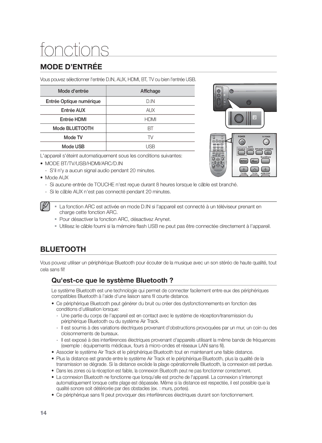 Samsung HW-F450/EN Fonctions, Quest-ce que le système Bluetooth ?, Mode dentrée Affichage, Mode BT/TV/USB/HDMI/ARC/D.IN 