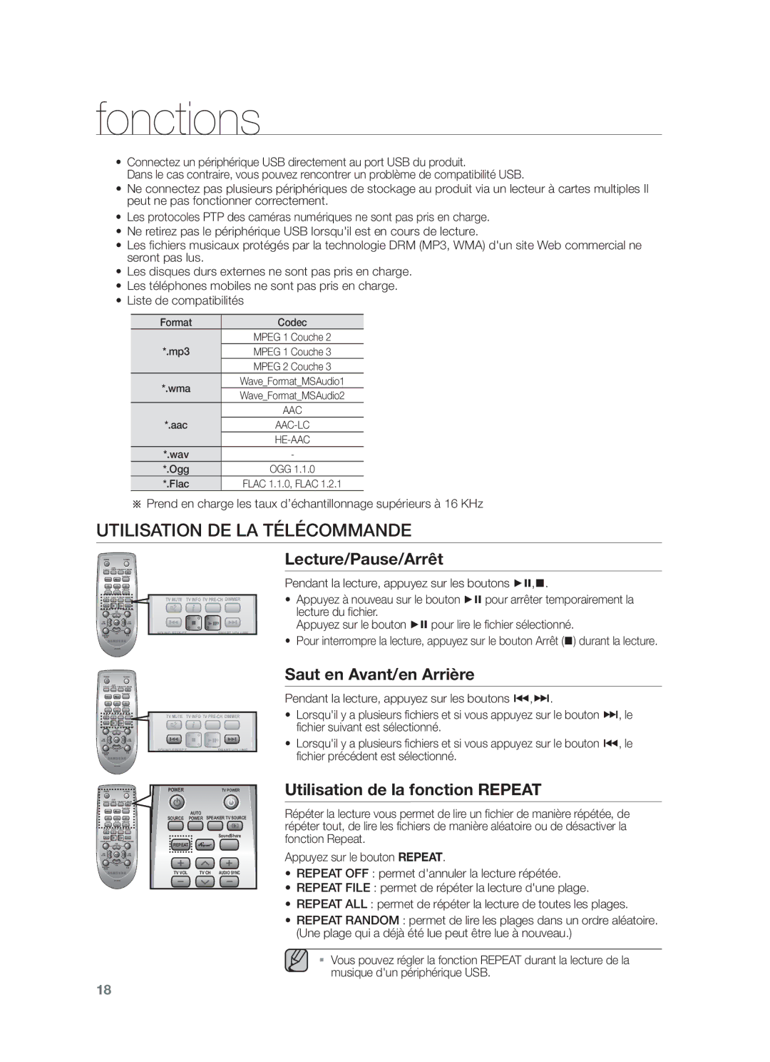 Samsung HW-F450/EN, HW-F450/TK, HW-F450/XN Utilisation DE LA Télécommande, Lecture/Pause/Arrêt, Saut en Avant/en Arrière 