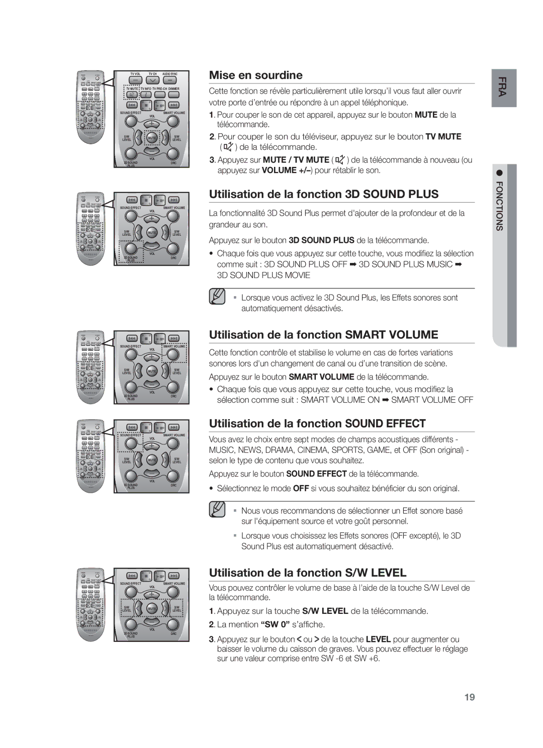 Samsung HW-F450/ZF Mise en sourdine, Utilisation de la fonction 3D Sound Plus, Utilisation de la fonction Smart Volume 