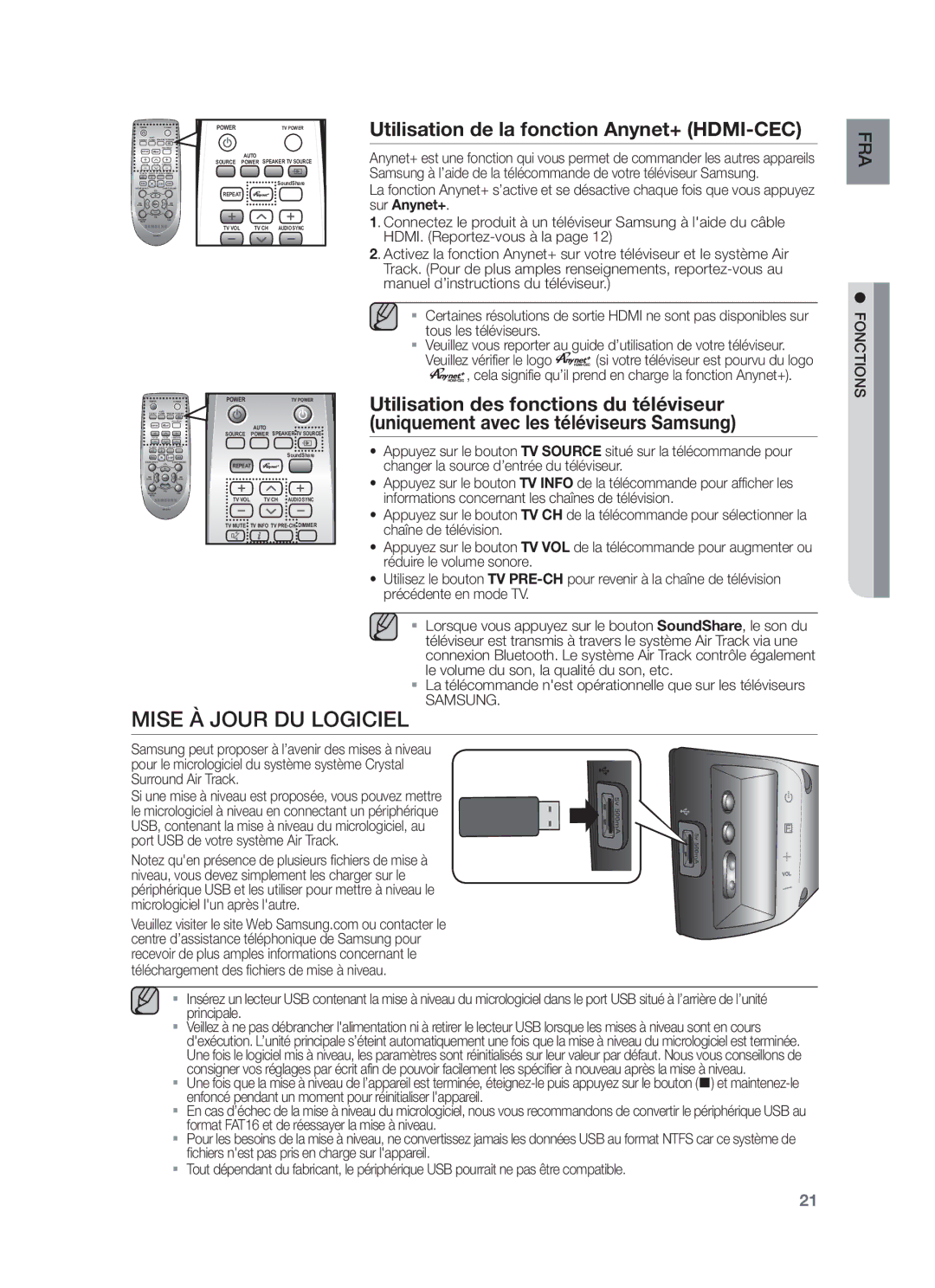 Samsung HW-F450/XN, HW-F450/TK, HW-F450/EN Mise À Jour DU Logiciel, Utilisation de la fonction Anynet+ HDMI-CEC, Samsung 