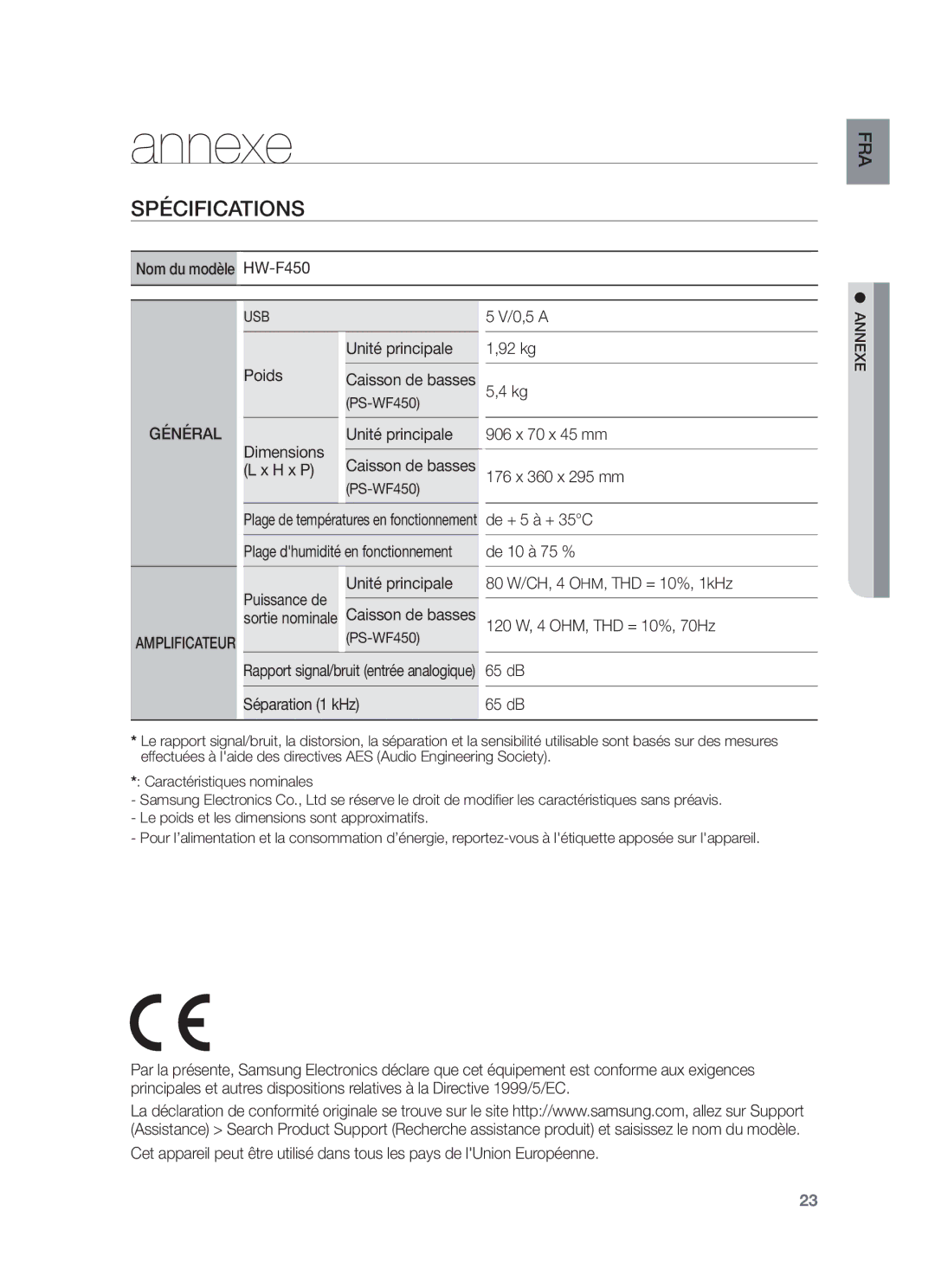 Samsung HW-F450/ZF, HW-F450/TK, HW-F450/XN, HW-F450/EN manual Annexe, Spécifications, Caisson de basses PS-WF450 