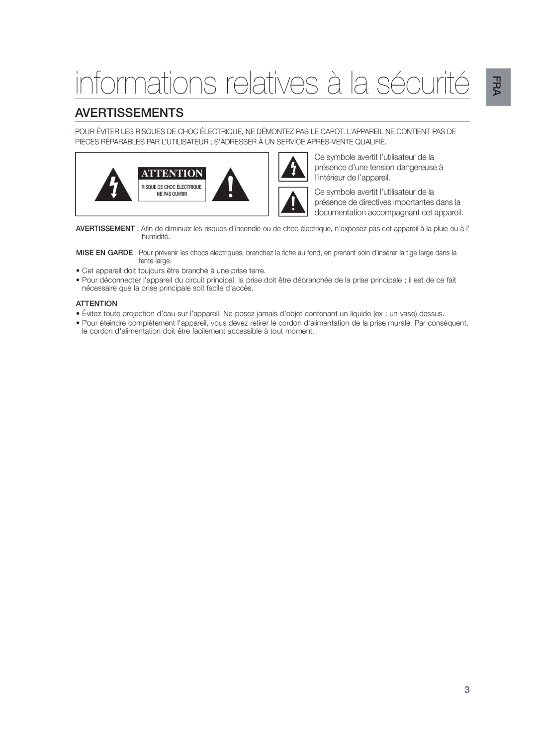 Samsung HW-F450/ZF, HW-F450/TK, HW-F450/XN Avertissements, Ce symbole avertit l’utilisateur de la, ’intérieur de l’appareil 