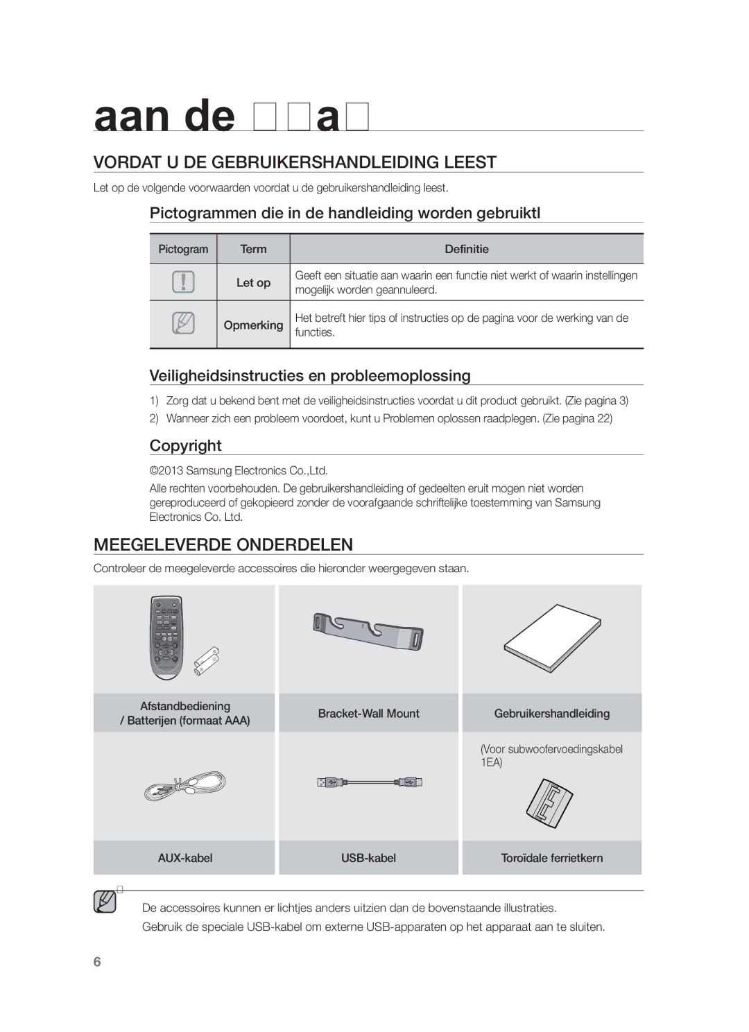 Samsung HW-F450/EN, HW-F450/TK, HW-F450/XN Aan de slag, Vordat U DE Gebruikershandleiding Leest, Meegeleverde Onderdelen 