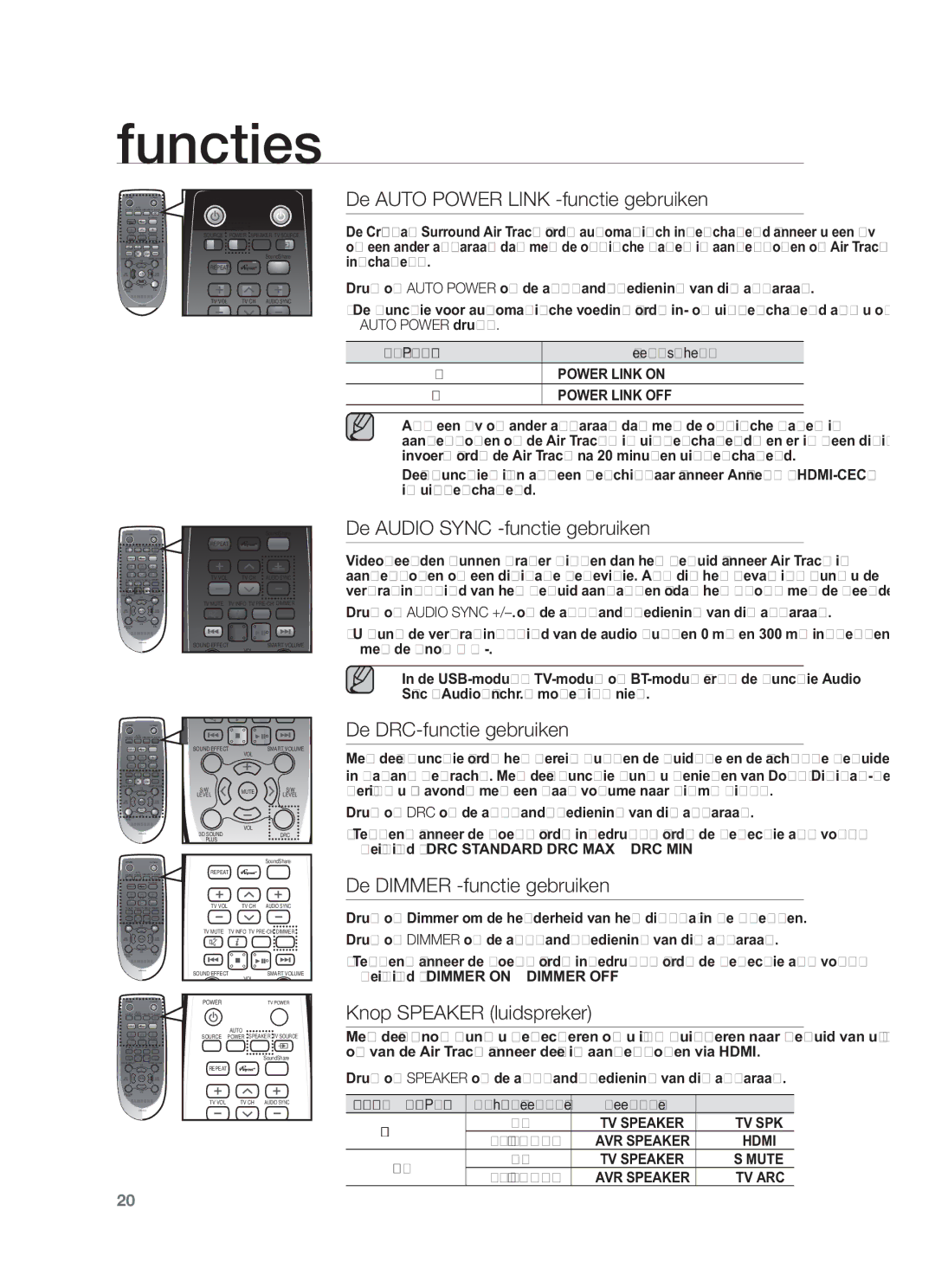 Samsung HW-F450/TK manual De Auto Power Link -functie gebruiken, De Audio Sync -functie gebruiken, De DRC-functie gebruiken 