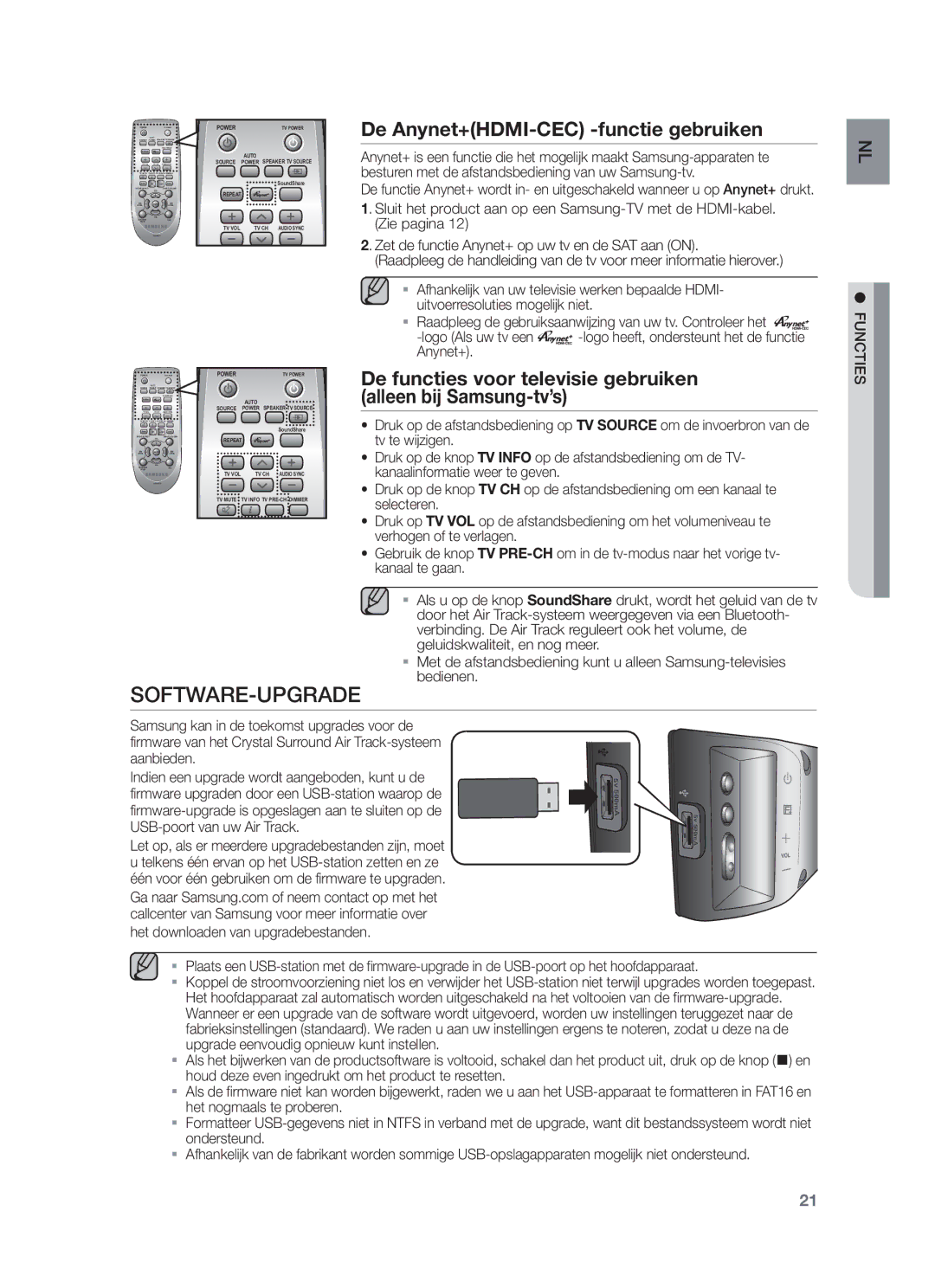 Samsung HW-F450/XN, HW-F450/TK, HW-F450/EN, HW-F450/ZF manual Software-Upgrade, De Anynet+HDMI-CEC -functie gebruiken 