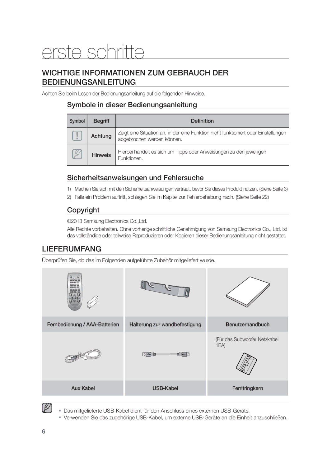 Samsung HW-F450/EN, HW-F450/TK Erste schritte, Wichtige Informationen ZUM Gebrauch DER Bedienungsanleitung, Lieferumfang 