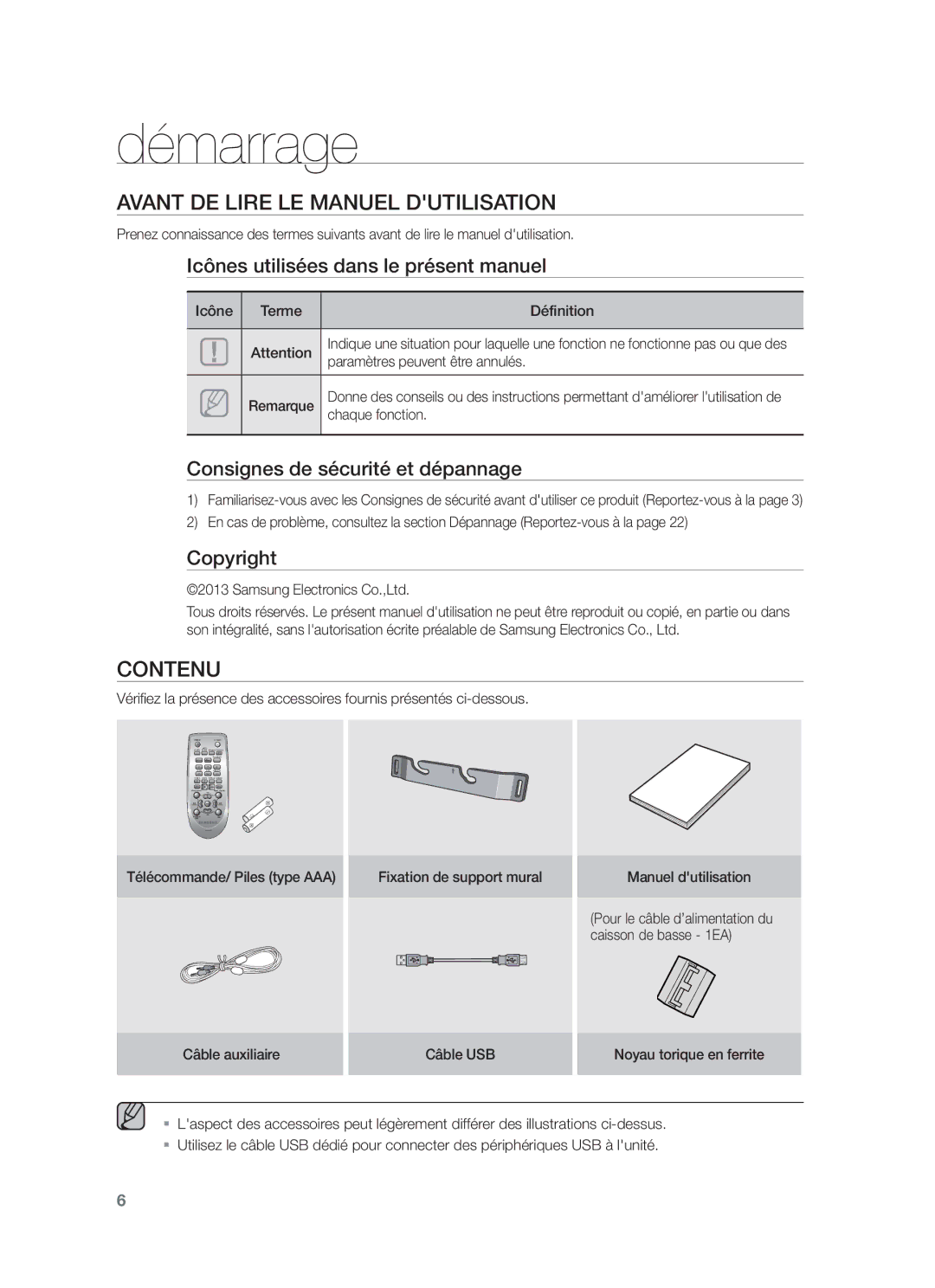 Samsung HW-F450/EN, HW-F450/TK, HW-F450/XN, HW-F450/ZF manual Démarrage, Avant DE Lire LE Manuel Dutilisation, Contenu 